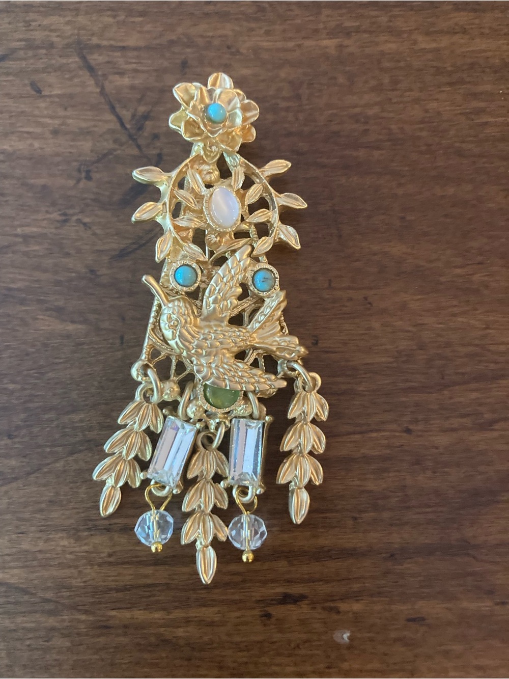Gold-Tone Bird & Floral Brooch with Turquoise Accents. NEW